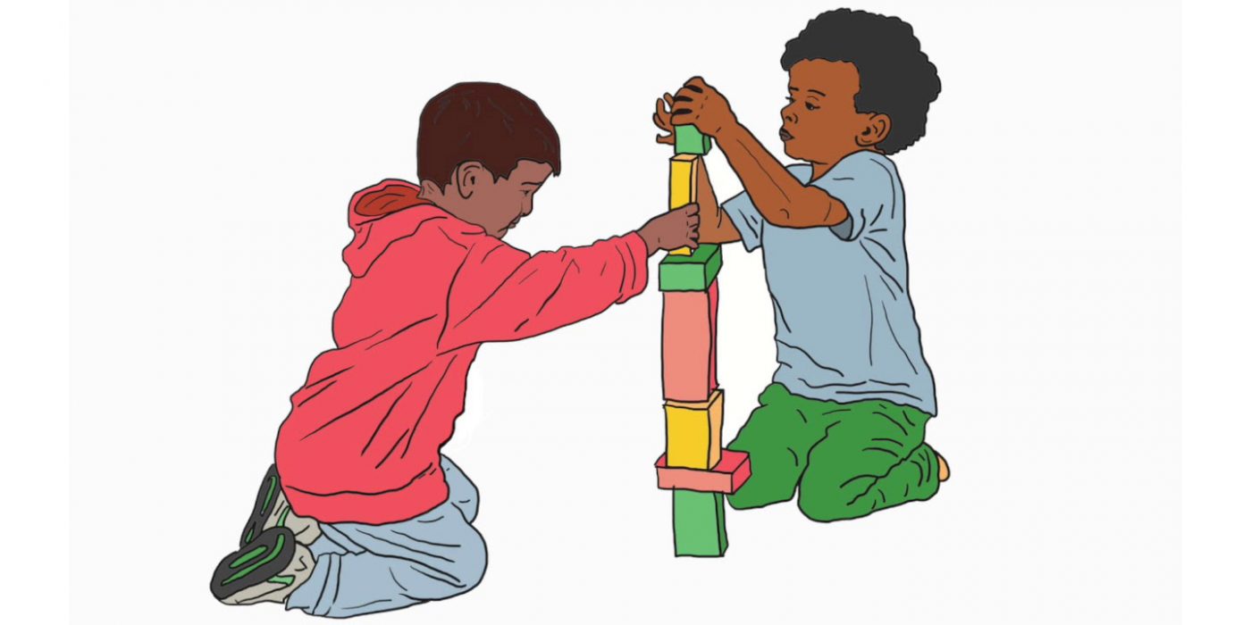 An illustration of two children playing with blocks together