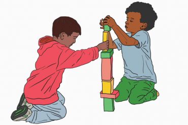 An illustration of two children playing with blocks together